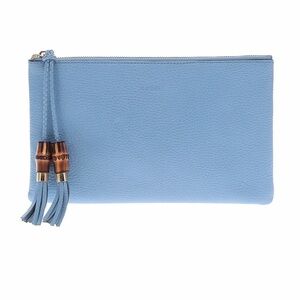 Gucci mineral Blue calf skin leather. Tassel Wristlet with Bamboo Accents
